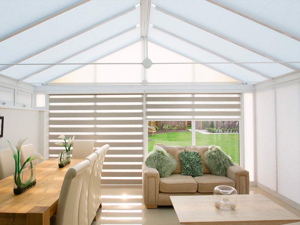 Gable End Conservatory Blinds with Japandi Duo Roller Blinds