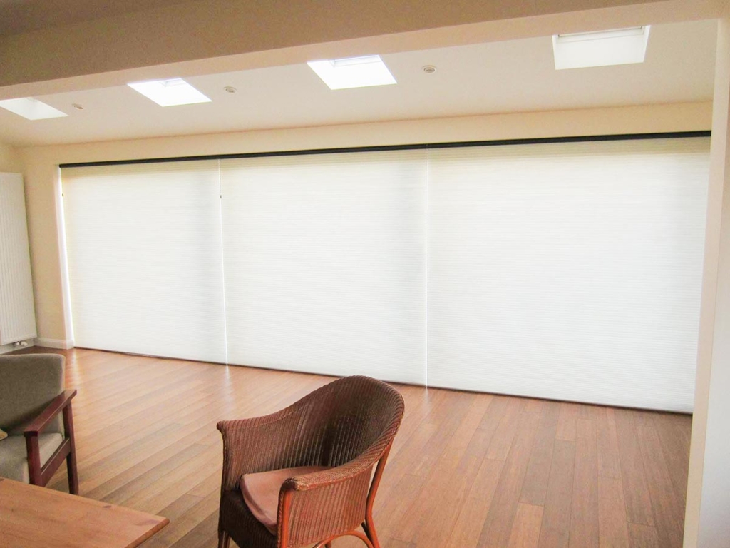 Free-hanging Duette® Blinds over a set of folding doors.